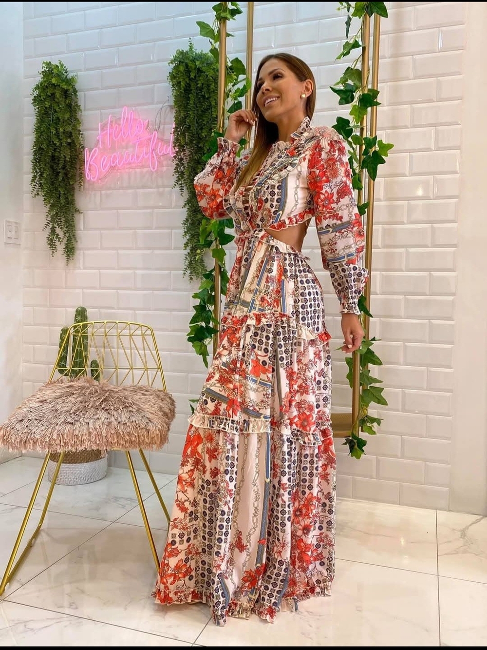 L'ATISTE BY AMY Floral Chain Print Cut Out Ruffle Maxi Dress L Boho Indie